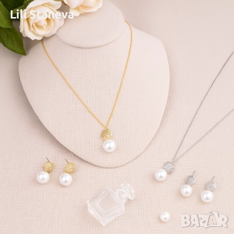 Класически комплект колие и обеци с перли. , снимка 3 - Колиета, медальони, синджири - 51467959