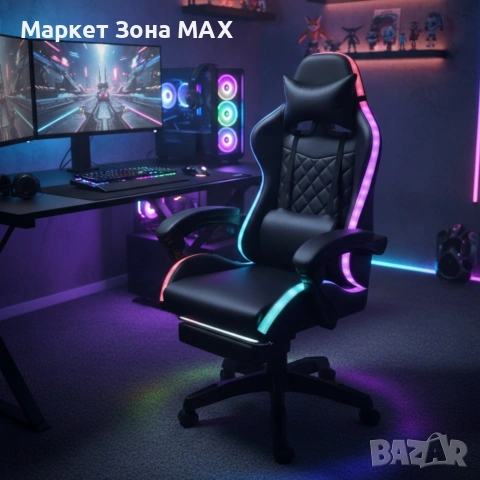 Черен геймърски стол с масаж, LED осветление и поставка за крака – ергономичен, с дистанционно