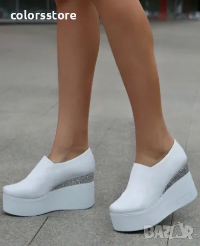 Обувки на платформа - бяла кожа и брокат - VBR90, снимка 2 - Дамски ежедневни обувки - 34057601