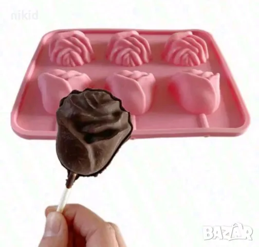 6 3d Роза рози силиконов молд за направа клечки с шоколад pops cakes Lollipop Pop Cake Попскейк