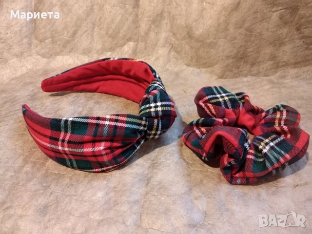 комплект Диадема и Скрънчи в Червено Каре Аксесоари за Коса Ръчна Изработка Диадема с възел , снимка 3 - Аксесоари за коса - 43414970