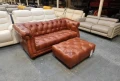 Кафяв кожен диван тройка и табуретка тип Честърфийлд, снимка 2