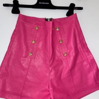 Нови кожени къси панталони бонбонено розови с висока талия , снимка 2 - Къси панталони и бермуди - 39840459