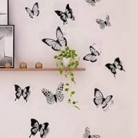 3D 12 бр pvc Черно бели самозалепващи пеперуди декорация за стена и мебел, снимка 1 - Декорация за дома - 21168736