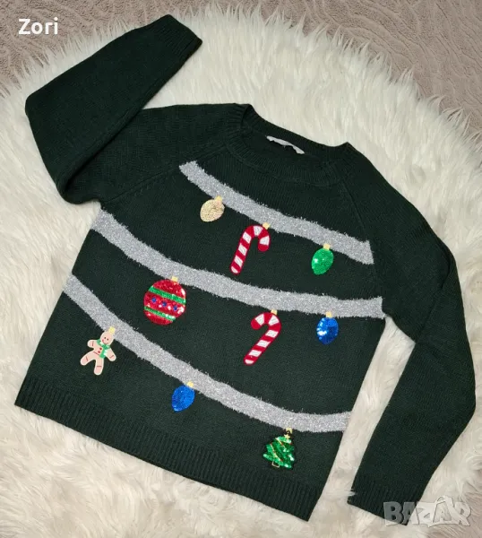 СТРАХОТЕН тъмнозелен коледен пуловер с пъстри пайети, снимка 1