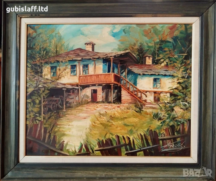 Картина, възрожденски къщи, български автор, снимка 1