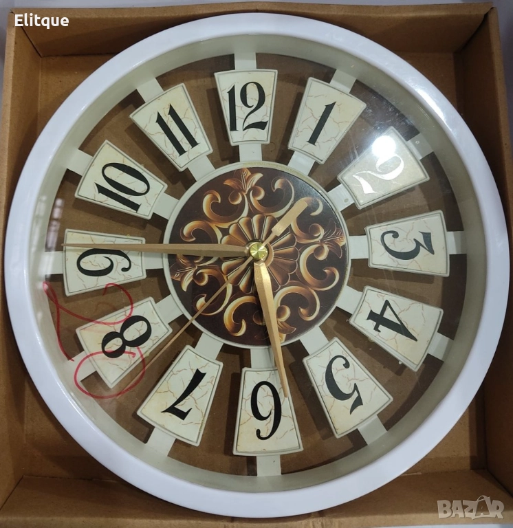Стенен дървен часовник, 25 см, бял и кафяв, снимка 1