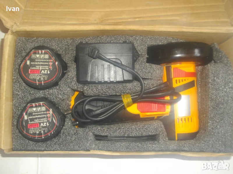 ПОРТАТИВЕН АКУМУЛАТОРЕН 12V Li-ion ЪГЛОШЛАЙФ ПЪЛЕН КОМПЛЕКТ С 2 БАТЕРИИ 2 ДИСКА ф76мм КАТО НОВ , снимка 1