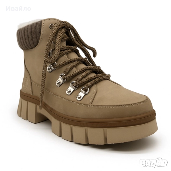 Дамски светлокафяви боти от еко кожа с плетена яка и дебела подметка, снимка 1