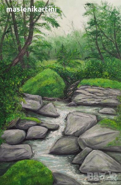 Маслена картина гора и поток, снимка 1
