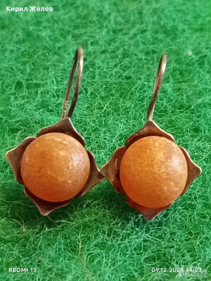 Винтидж АРТ сребърни обеци с естествен Балтийски кехлибар ръчна изработка 37114, снимка 1