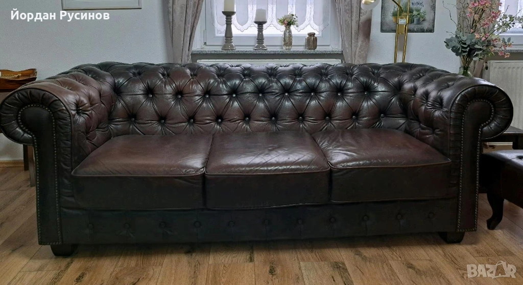 Честърфийлд chesterfield кожен класически диван гарнитура , снимка 1