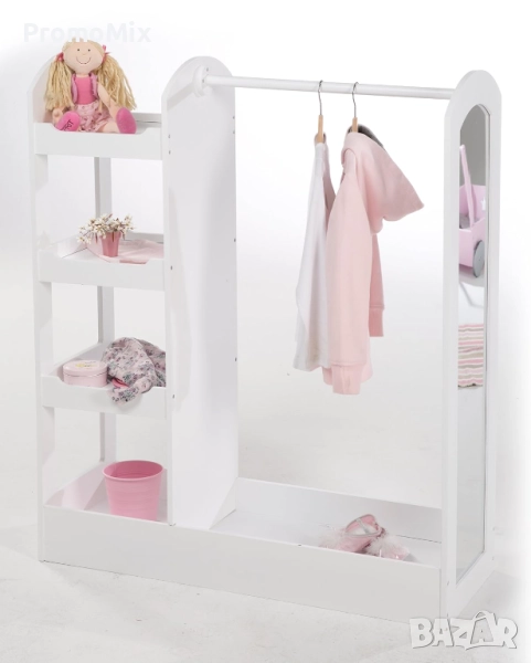 Детски щендер за дрехи с огледало и рафтове Roba 450151WE Дървена стойка за дрехи Бебешки стелаж за , снимка 1