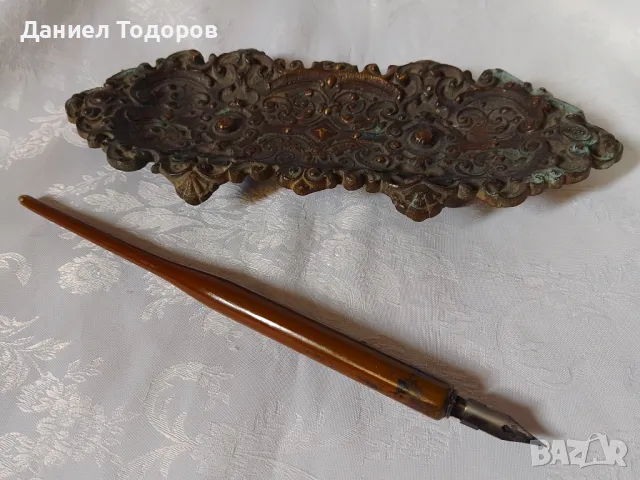 Стара Медна Мастилница и Перодръжка, снимка 3 - Антикварни и старинни предмети - 48826457