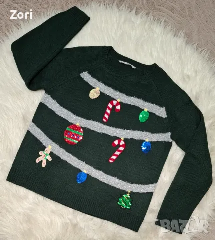 СТРАХОТЕН тъмнозелен коледен пуловер с пъстри пайети, снимка 1