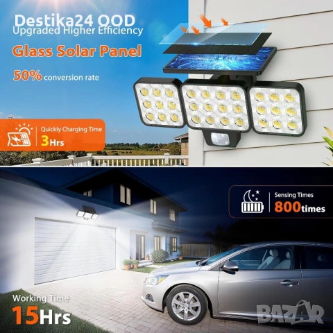 Соларна LED лампа с датчик за движение 3500LM външна IP65, снимка 5 - Лед осветление - 53472618