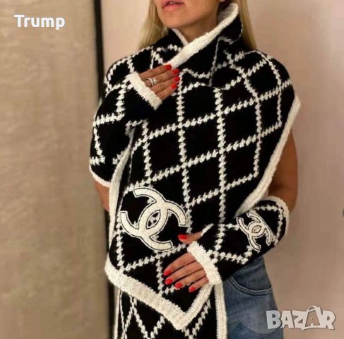 Топъл сет 3 части, шапка, шал ръкавици в бяло-черно, снимка 2 - Шалове - 43476813