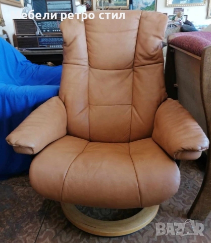 Стилно и изключително удобно релакс кресло от естествена кожа в топъл карамелен цвят. , снимка 2 - Столове - 53537892