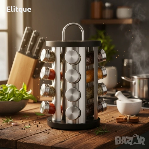 Бурканчета за подправки на стойка Edenberg EB-4027, 16 бр, Въртене на 360 гр, Черен/инокс