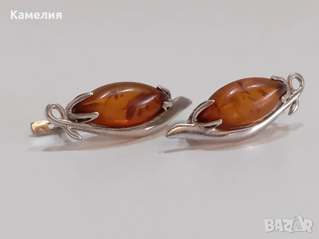 Сребърни обеци с кехлибар , снимка 2 - Обеци - 51316783