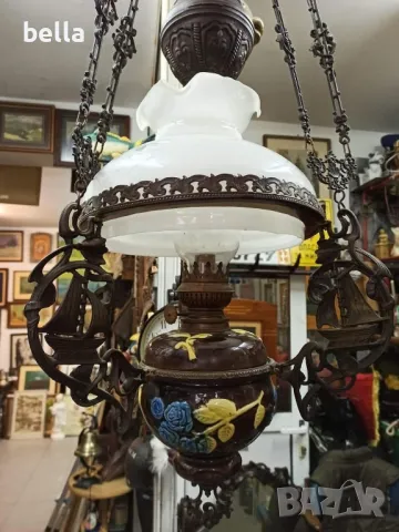 Стар масивен антикварен  полилей ,рисувана керамика ,рисувано стъкло,газено шише,действащ, снимка 11 - Антикварни и старинни предмети - 48766750