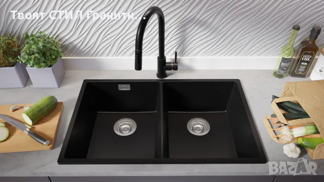 Черна гранитна мивка с две корита за вграждане под плот Лондон 80 Twin 760 x 470 мм, снимка 4 - Мивки - 48662317