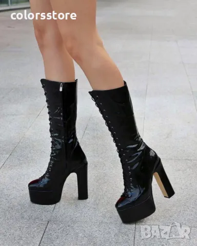 Ботуши на ток - черен лак - BP90, снимка 2 - Дамски ботуши - 34724999