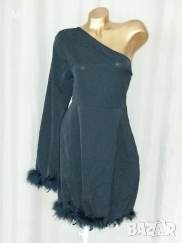 XL Черна рокля с един ръкав с естествени пера / пух /, снимка 9 - Рокли - 52347902