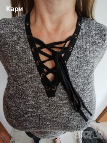 Дамска блуза с връзки на деколтето, снимка 4 - Блузи с дълъг ръкав и пуловери - 34168996