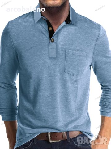 Модна мъжка тениска с дълъг ръкав и ревер, 6цвята - 024, снимка 6 - Тениски - 43628815