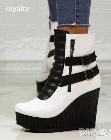 Боти на платформа - бяла кожа с черно ходило, снимка 3 - Дамски боти - 52162418