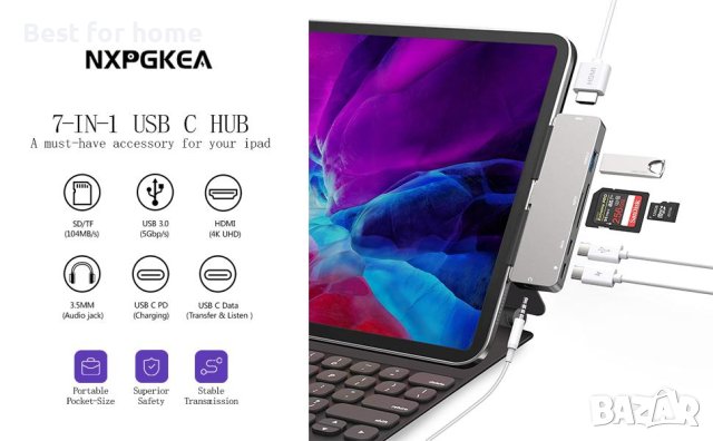 iPad Pro USB C хъб, 7-в-1 адаптер за iPad Pro, снимка 15 - Други - 43591941