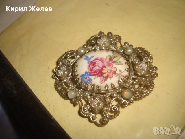 СТАРА БРОНЗОВА ПОСРЕБРЕНА АР НУВО ФЛОРАЛНА ФИЛИГРАННА РЕТРО БРОШКА с РЪЧНО РИСУВАН ПОРЦЕЛАН 29171, снимка 10 - Антикварни и старинни предмети - 37320314