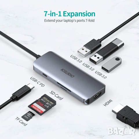 CHOETECH USB Type-C Hub  7в 1, 3xUSB 3.0, 4К HDMI, /TF/SD четец на карти, PD - 100 W, снимка 2 - Други - 35109531