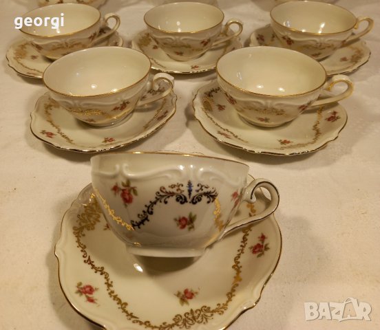 немски порцеланов двоен сет за кафе от фин костен релефен порцелан с позлата 