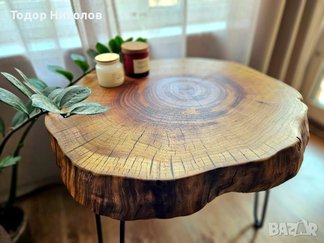 Кръгла маса с жив ръб и метални крака тип Фиба, снимка 3 - Маси - 52388456