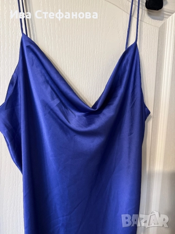 Нова синя midi миди дълга елегантна  парти коктейлна официална  сатен сатенена рокля гръцко деколте, снимка 4 - Рокли - 42812952