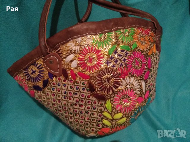 Мароканска ръчно изработена чанта от тъкана слама с флорална бродерия от памук, вълна и пайети, коже, снимка 11 - Чанти - 33509010