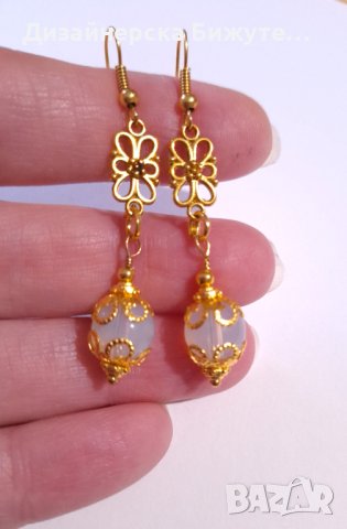 Прекрасен комплект бижута обеци и колие със скъпоценни камъни Опал и филигранни орнаменти цвят злато, снимка 5 - Бижутерийни комплекти - 43414640