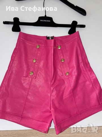 Нови кожени къси панталони бонбонено розови с висока талия , снимка 2 - Къси панталони и бермуди - 39840459