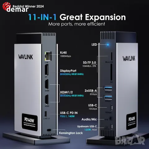 WAVLINK USB C докинг станция 125 W зареждане, 11-в-1 с 8K HDMI*2+8K DP, снимка 2 - Друга електроника - 47446167