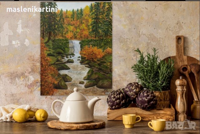 Картина с маслени бои Водопад през есента, снимка 3 - Картини - 30485231