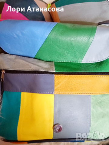 Многоцветна дамска чанта през рамо, от мека естествена кожа на парчета – светлосиньо, жълто, тъмнока, снимка 2 - Чанти - 36475692