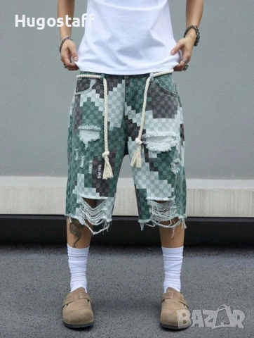 Нови къси панталони дънки скъсан ефект зелени Хл, снимка 4 - Дънки - 51779954