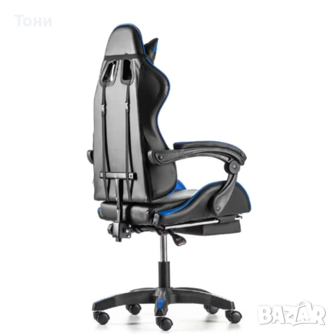 Геймърски стол с поставка за крака – черно-син, въртящ, с масажна функция и спортен дизайн, снимка 5 - Столове за офис - 53239998