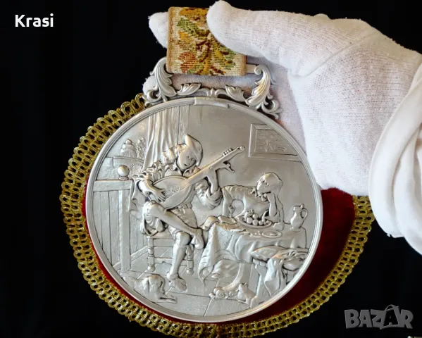 Пано,плакет от калай Лютнист,WMF , снимка 4 - Антикварни и старинни предмети - 49496593