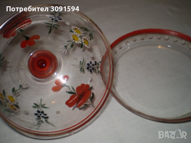 Ретро Ръчно рисувана стъклена чиния с капак , снимка 6 - Други ценни предмети - 40208947