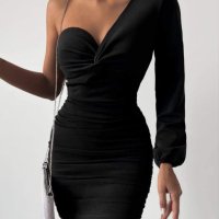 Луксозна Черна рокля -с едно рамо  код VL119Q, снимка 1 - Рокли - 42533796