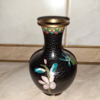 Cloisonne Клоазоне стара ваза цветя бронз клетъчен емайл, снимка 3 - Антикварни и старинни предмети - 43202558