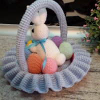 Великденски подаръци. Зайчето +7 яйцата в кошницата. Плетена играчка. Ръчно изработени., снимка 4 - Плюшени играчки - 40207405